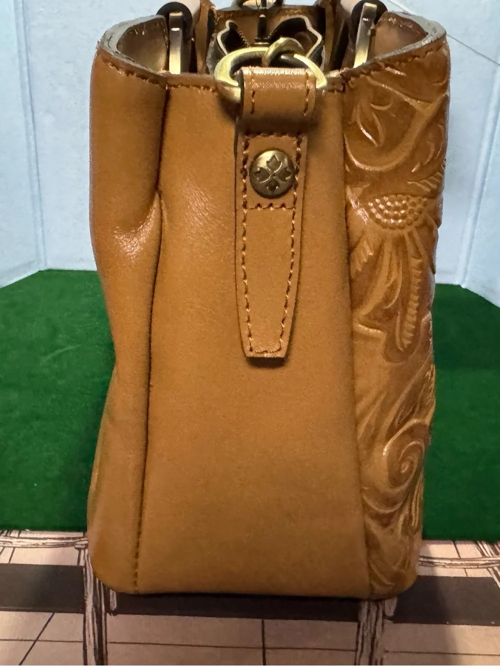 Patricia Nash Cognac Tooled Floral Leather Satchel